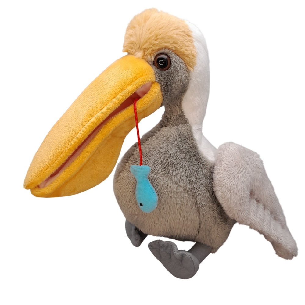 Turtle Tracks Family Pelican Plush Stuffed Animal with Attached Fish Grey Yellow